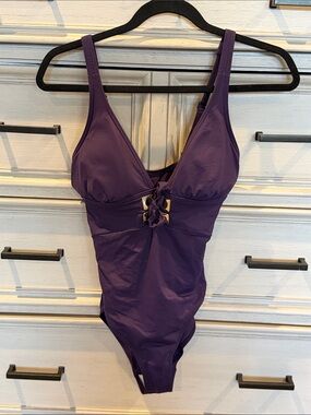Deep Purple Lace-Up One-Piece Swimsuit with Gold Accents